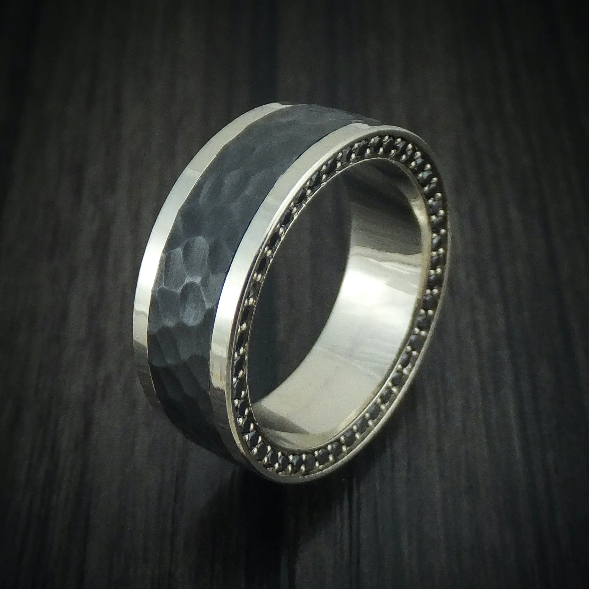 14K Gold and Zirconium Men's Ring with Double Eternity Black Diamonds