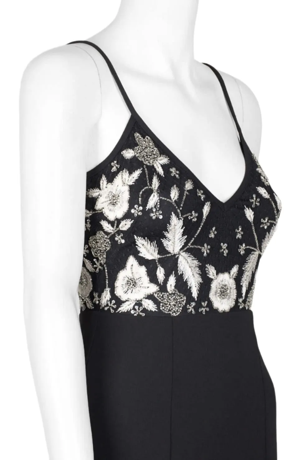 Aidan by Aidan Mattox Spaghetti Strap Embroidered Bodice Zipper Back Mesh Crepe Dress