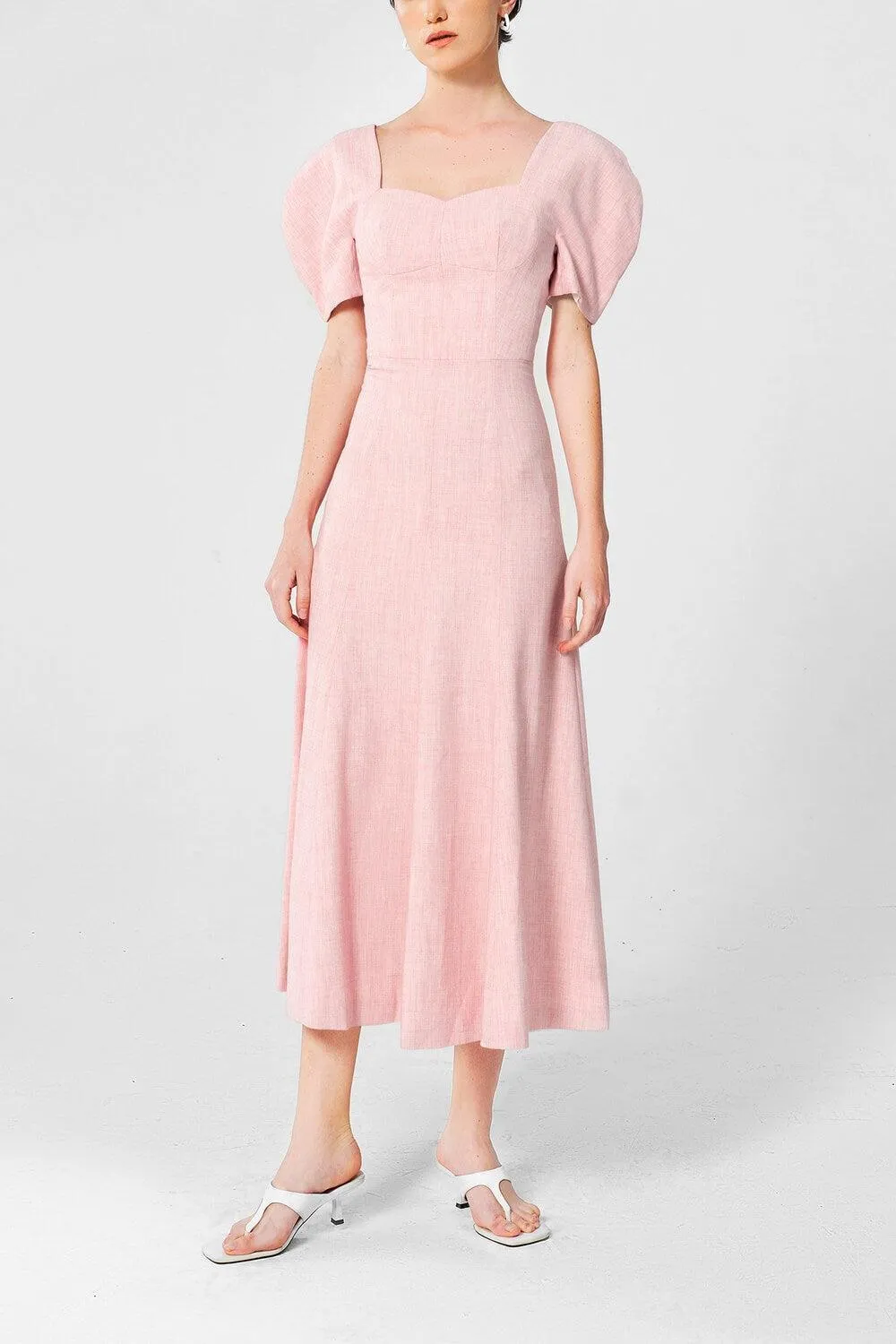Alber A-line Semi-Heart Neck Linen Silk Midi Dress