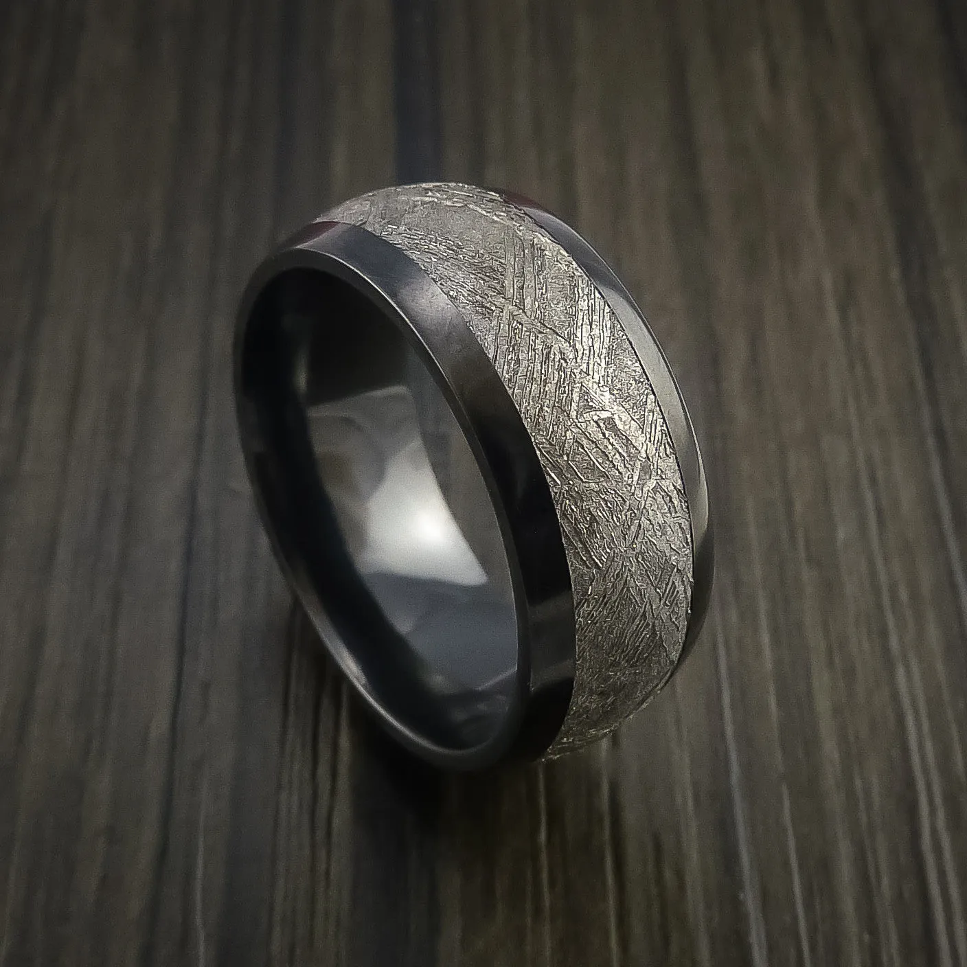 Black Titanium Men's Ring with Gibeon Meteorite Inlay Custom Made Wedding Band