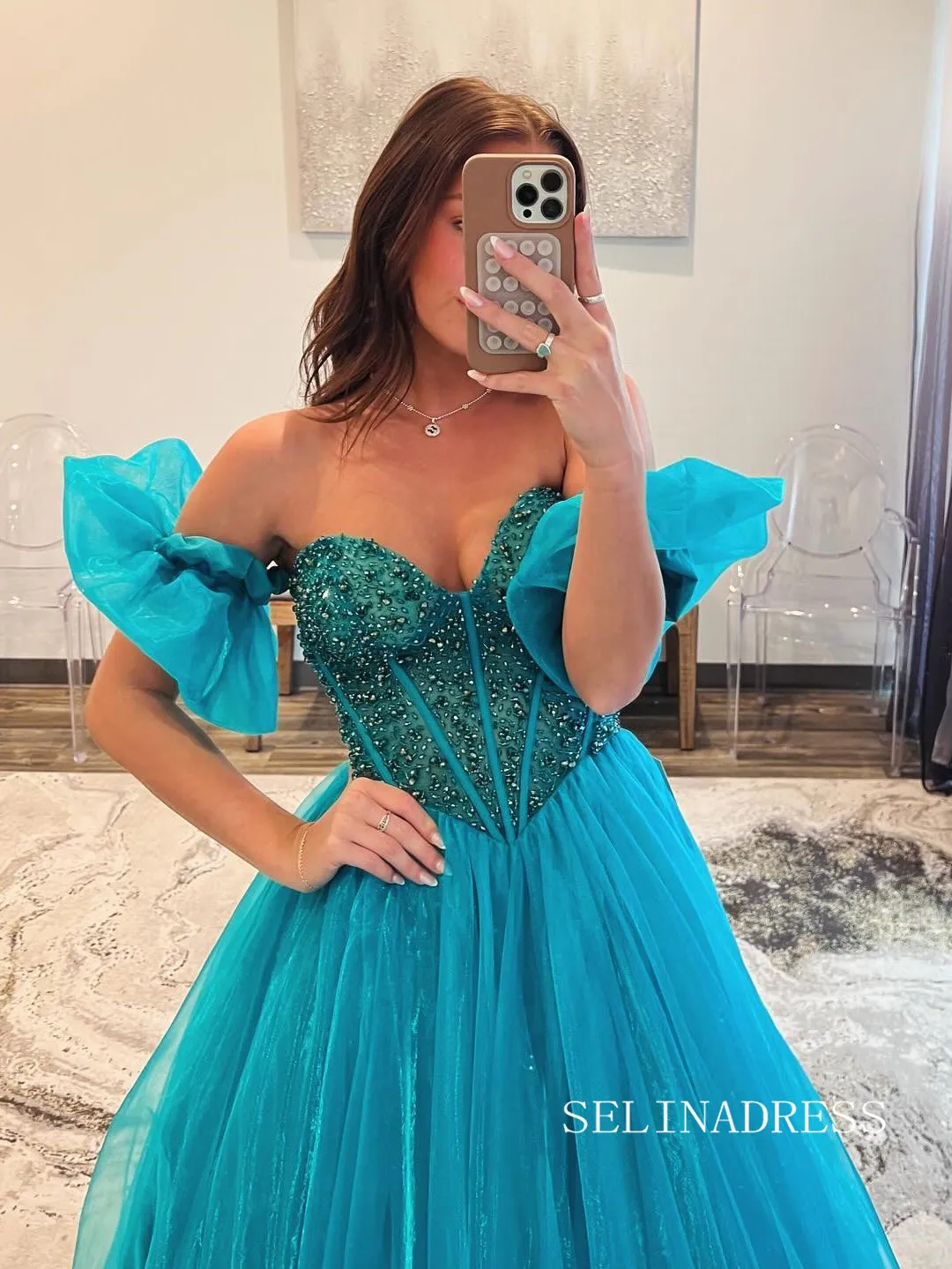 Blue Sweetheart Beaded Organza Long Prom Dress Detachable Sleeves Formal Gown SEW1258