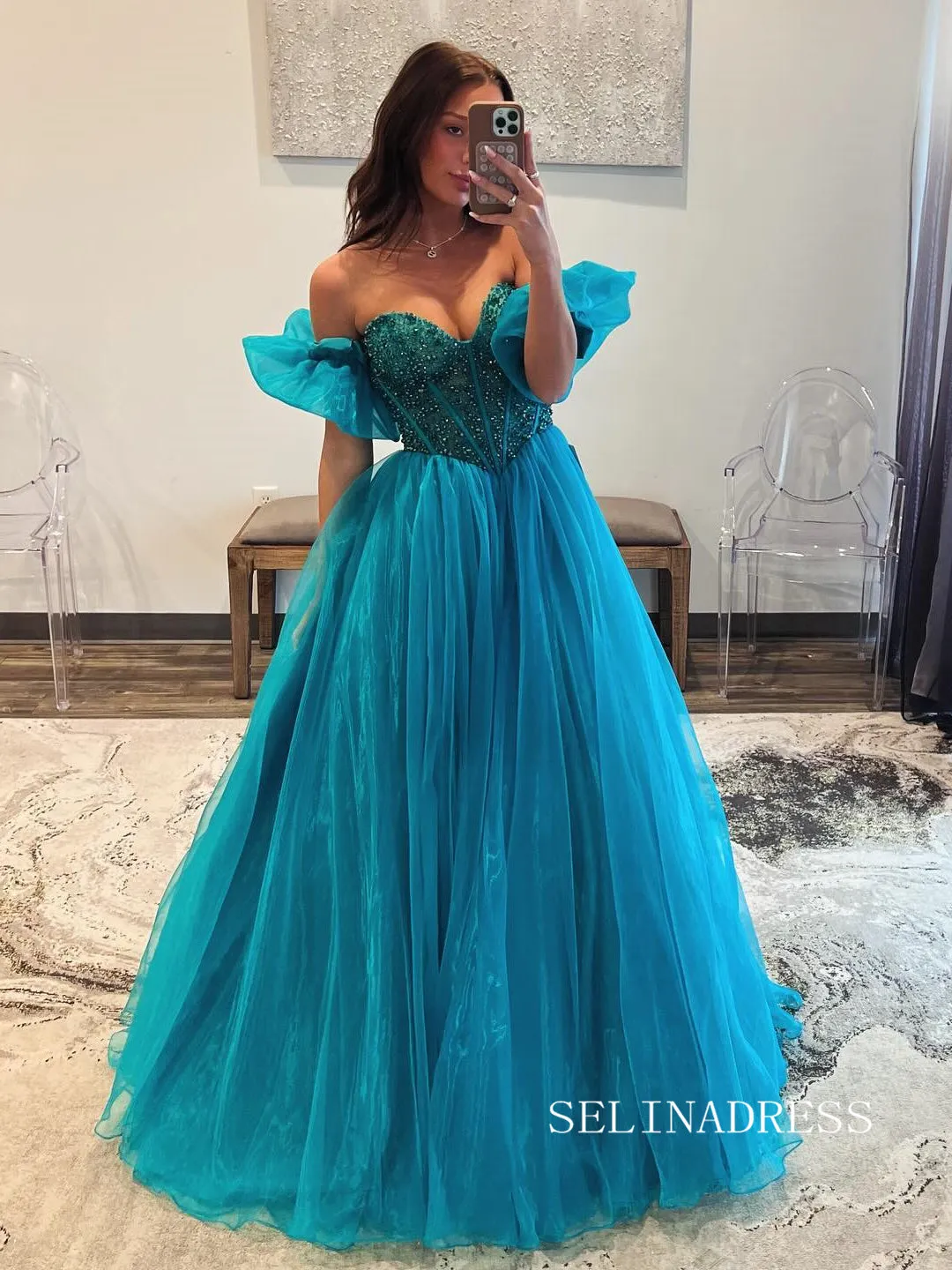 Blue Sweetheart Beaded Organza Long Prom Dress Detachable Sleeves Formal Gown SEW1258