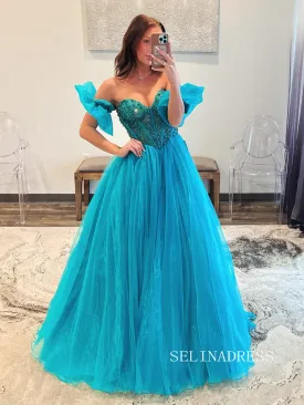 Blue Sweetheart Beaded Organza Long Prom Dress Detachable Sleeves Formal Gown SEW1258