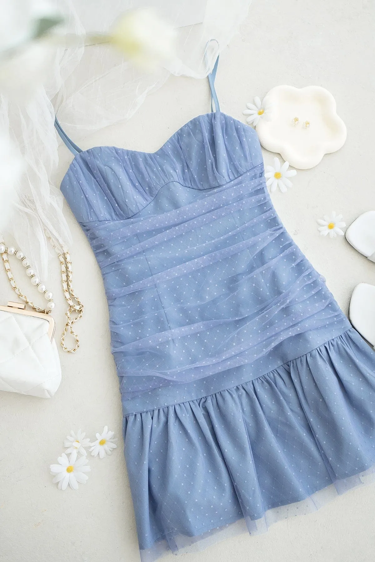 CORALIE SWISS DOT RUCHED DRESS IN BLUE