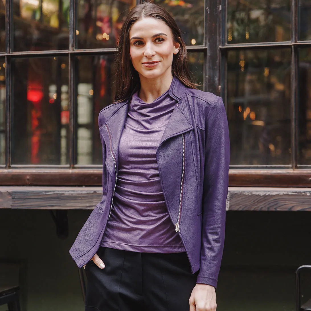 Crushed Silk Knit - Draped Neck Side Ruched Top - Plum - Final Sale!