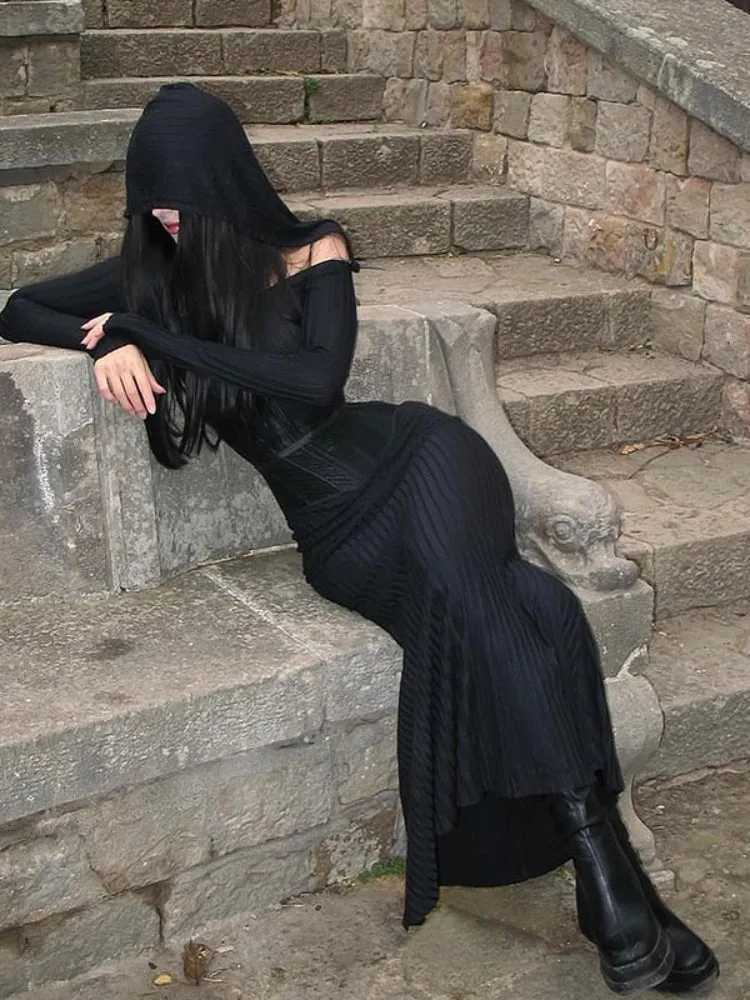 Gothic Dark Slash Neck Hooded Dress