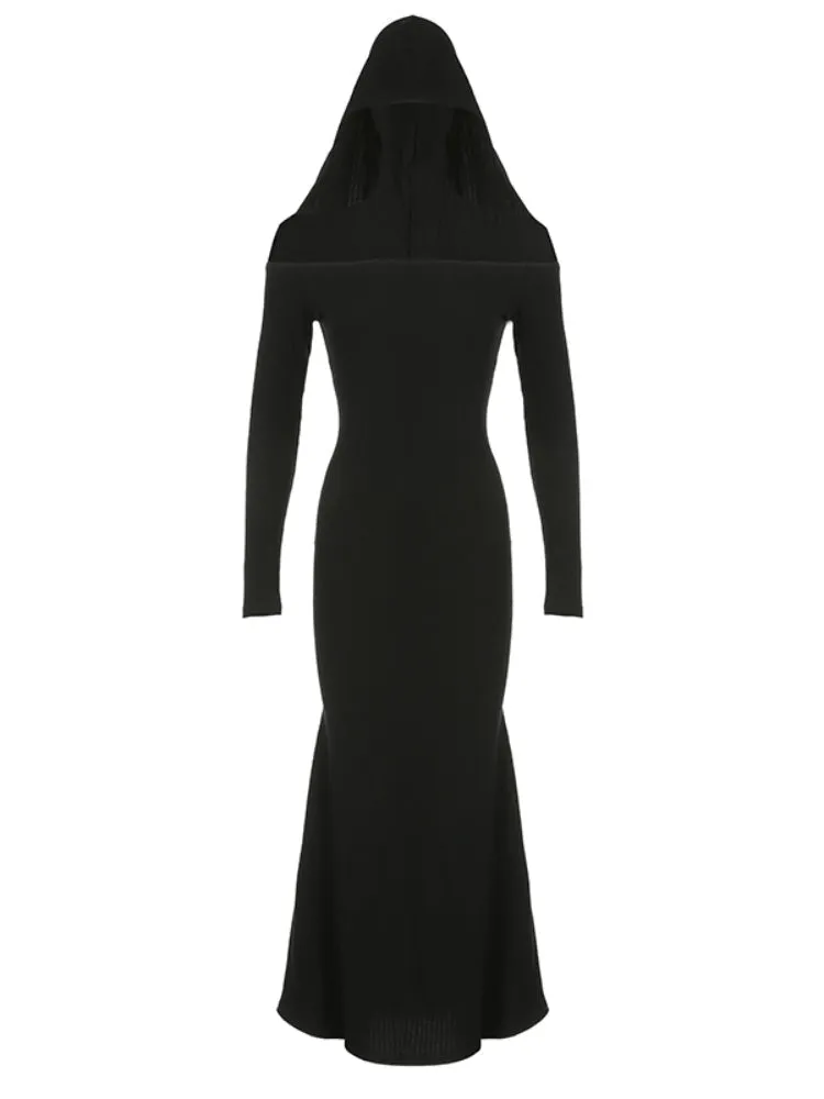 Gothic Dark Slash Neck Hooded Dress