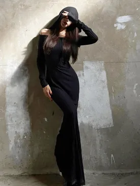 Gothic Dark Slash Neck Hooded Dress