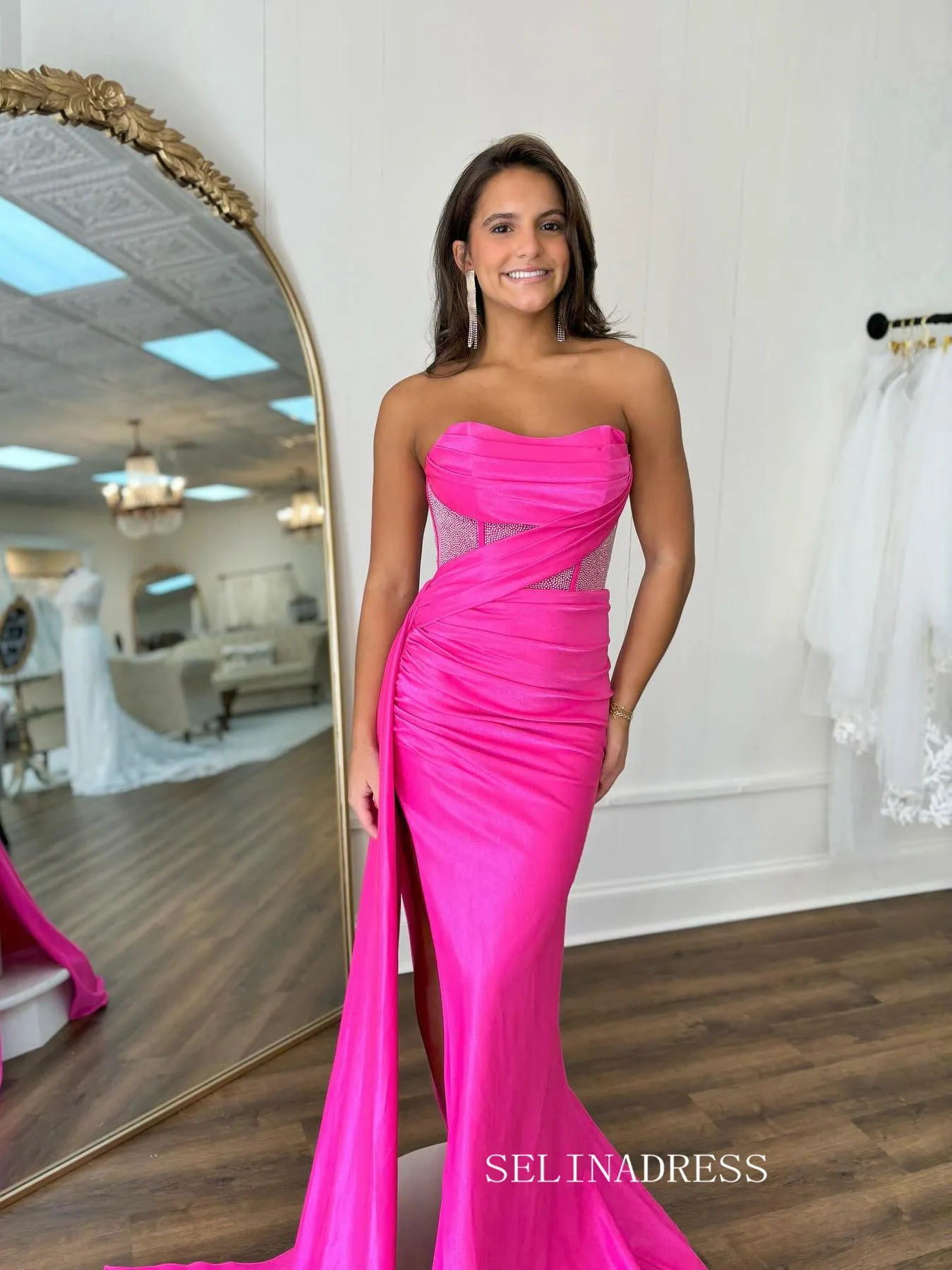 Mermaid Strapless Hot Pink Long Prom Dress Evening Dress With Slit SEW1156