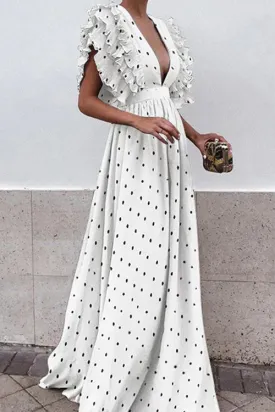 Polkdot Long Ruffles High Waist Party Dress