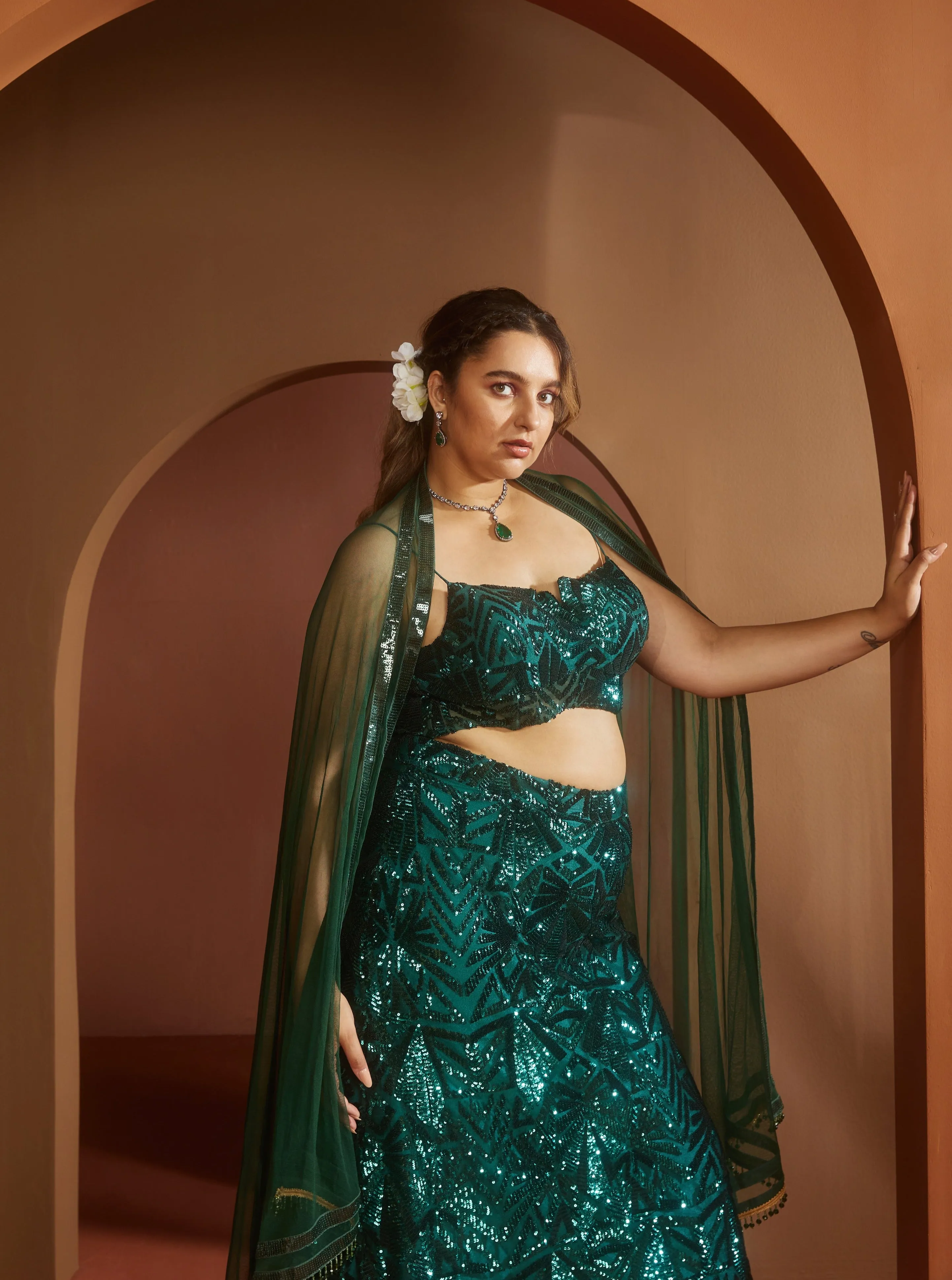 Zaitra Emerald Green Sequin Lehenga